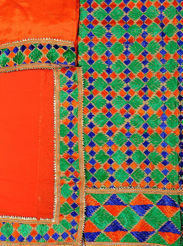 Jaffa-Orange Phulkari Hand-Embroidered Salwar Kameez Fabric from Punjab with Gota Border