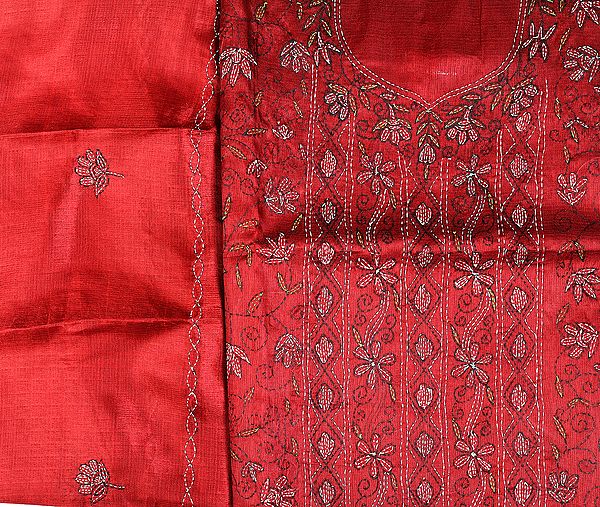 Cordovan-Red Salwar Kameez Fabric from Kolkata with Kantha Stitch by Hand