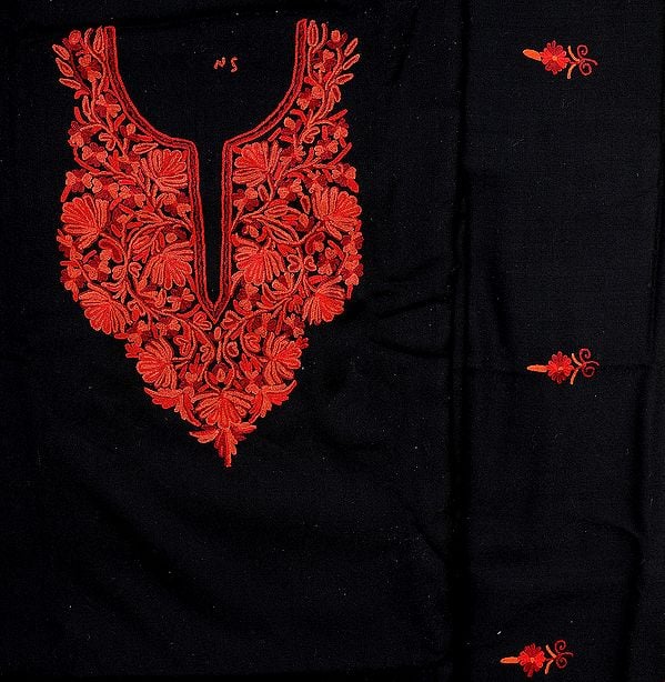 Jet-Black Salwar Kameez Fabric from Kashmir with Hand-Embroidered Flowers on Neck