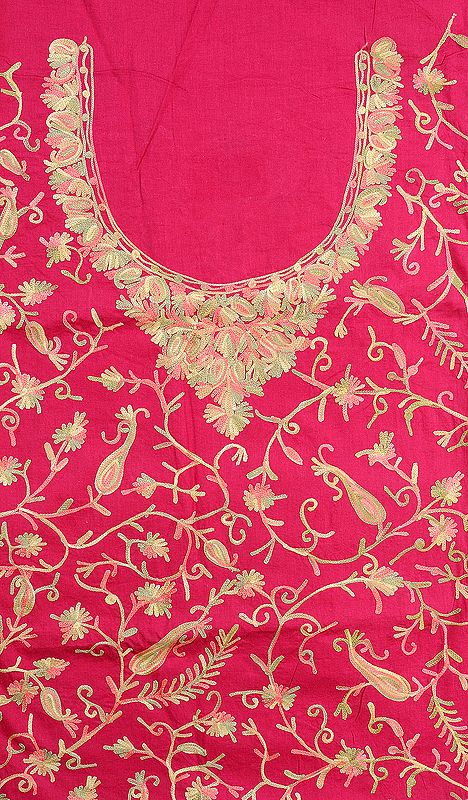Paradise Pink Two-Piece Kashmiri Salwar Kameez Fabric with Floral Aari Embroidery