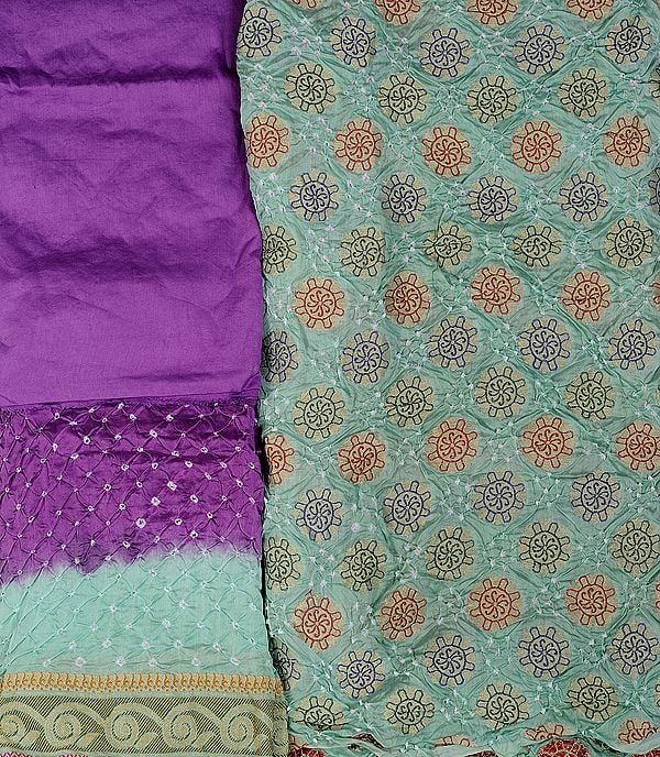 Fair-Green and Purple Bandhani Tie-Dye Salwar Kameez Fabric from Gujarat with Woven Flowers in Golden Thread