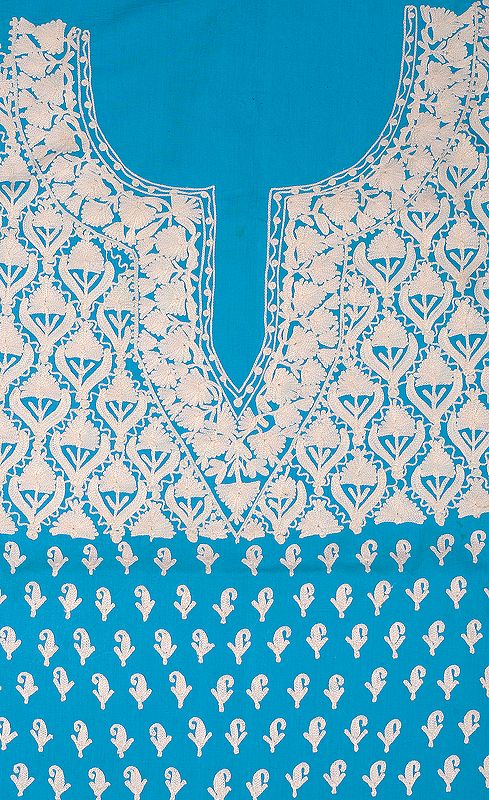 Brilliant-Blue Kashmiri Two-Piece Salwar Kameez Fabric with Floral Aari Embroidery