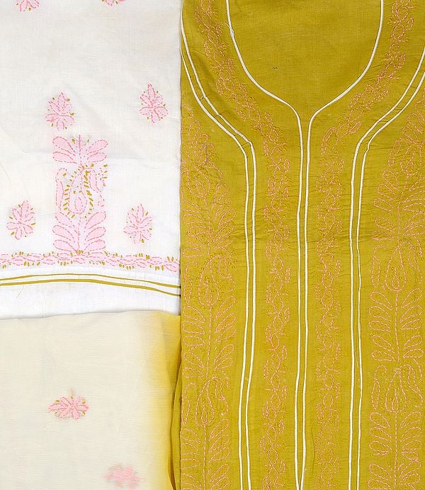 Mehandi-Green Salwar Kameez Fabric with Lukhnavi Chikan Embroidery By Hand