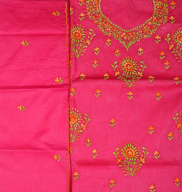 Garnet-Rose Salwar Kameez Fabric from Kolkata with Kantha Embroidery by Hand