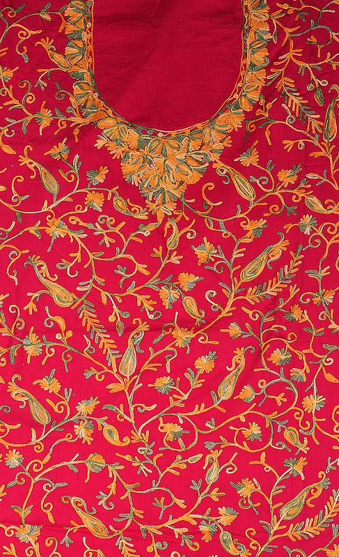 Fuchsia-Rose Two-Piece Kashmiri Salwar Kameez Fabric with Aari Embroidered Paisleys