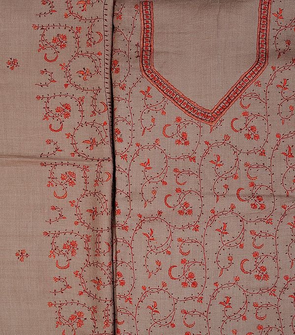 Taupe Salwar Kameez Fabric from Kashmir with Sozni Embroidered Booties by Hand