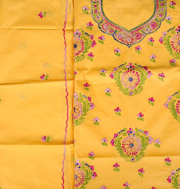 Meadow-Yellow Salwar Kameez Fabric from Kolkata with Kantha Embroidery by Hand