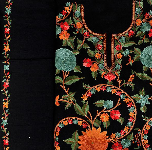 Jet-Black Salwar Kameez Fabric from Kashmir with Aari Embroidered Flowers by Hand