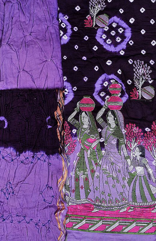 Purple Bandhani Tie-Dye Salwar Kameez Suit from Gujarat with Embroidered Village Scene