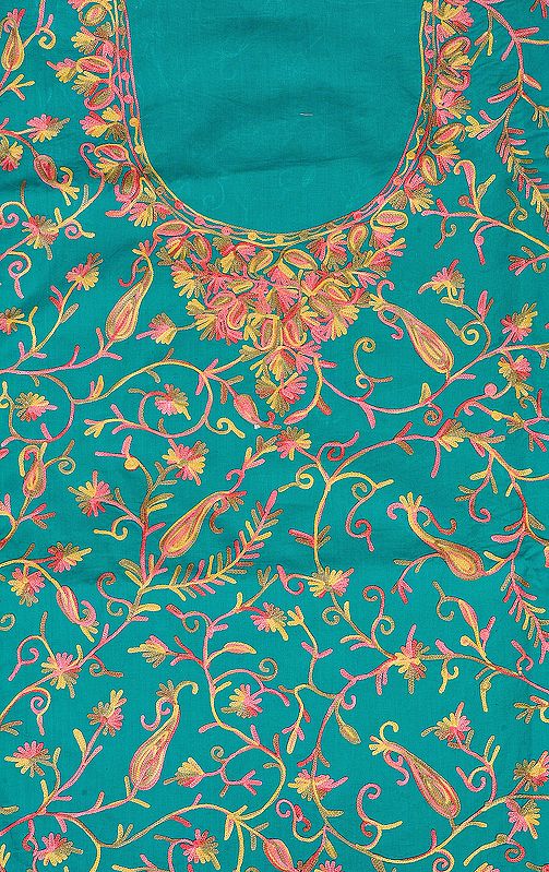 Pool-Green Two-Piece Kashmiri Salwar Kameez Fabric with Aari Embroidered Paisleys