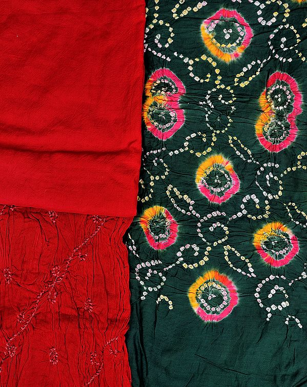 Posy-Green and Red Bandhani Tie-Dye Salwar Kameez Fabric from Gujarat