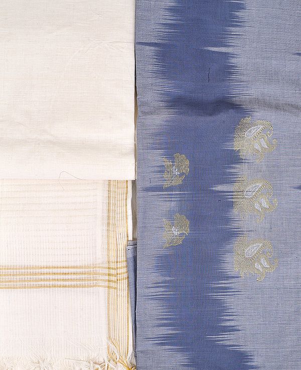 Gray and Ivory Salwar Kameez Fabric from Telanga with Woven Paisleys