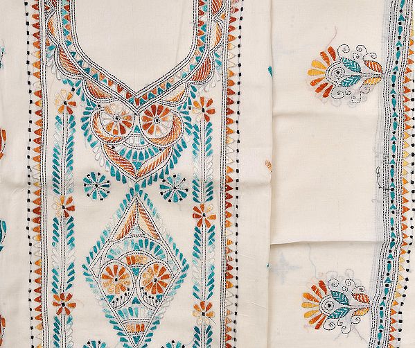 Whisper-White Salwar Kameez Fabric with Kantha Embroidered Flowers