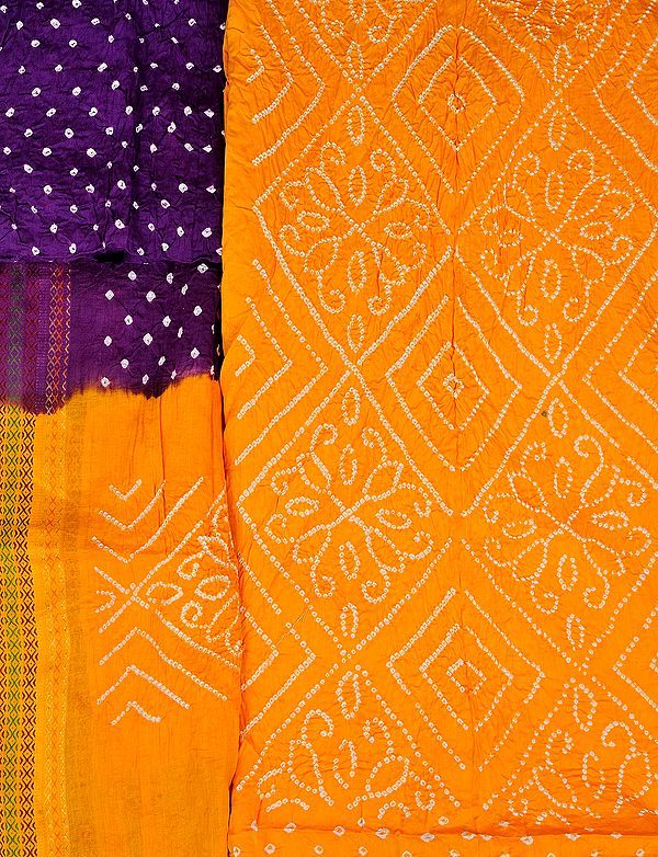 Saffron and Purple Bandhani Tie-Dye Salwar Kameez Fabric from Jodhpur