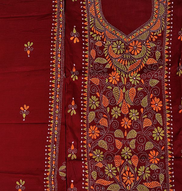 Cordovan-Red Salwar Kameez Fabric with Kantha Embroidered Flowers
