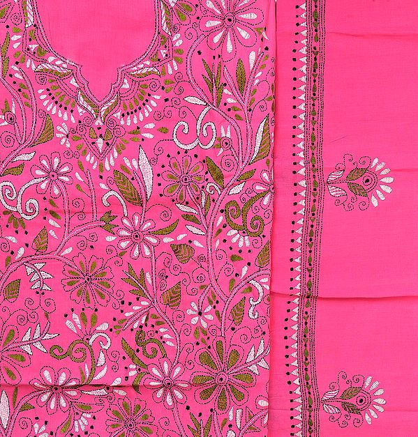 Azalea-Pink Salwar Kameez Fabric with Kantha Embroidery All-Over