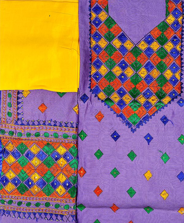 Dahlia-Purple and Yellow Phulkari Hand-Embroidered Salwar Kameez Fabric from Punjab