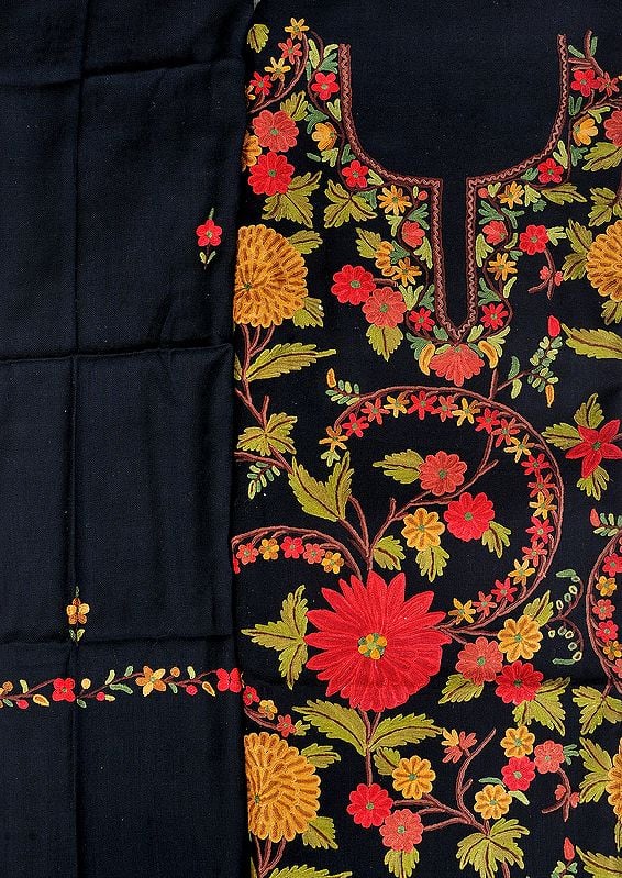 Jet-Black Salwar Kameez Fabric from Kashmir with Aari Hand-Embroidered Flowers