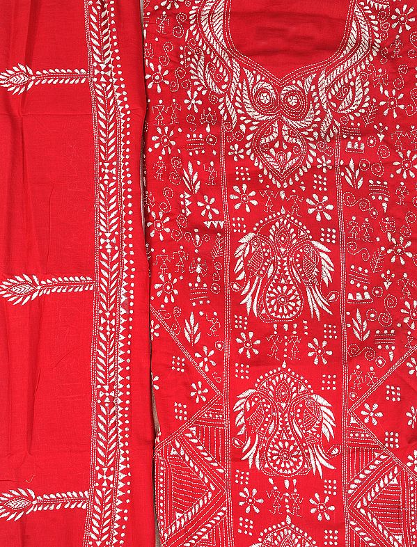 Garnet Salwar Kameez Fabric from Kolkata with Kantha Hand-Embroidery