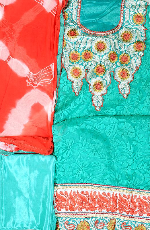 Turquoise Designer Salwar kameez Fabric with Patch Embroidered Neck and Border