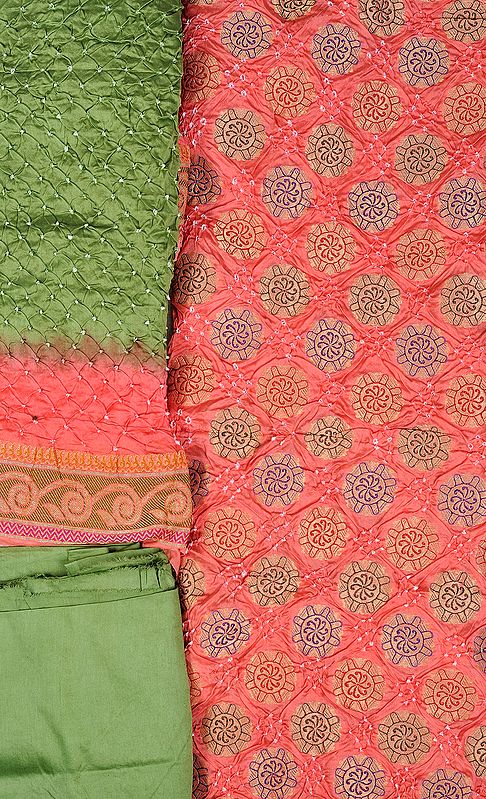 Burnt-Coral and Green Bandhani Tie-Dye Salwar Kameez Fabric from Gujarat with Woven Chakras
