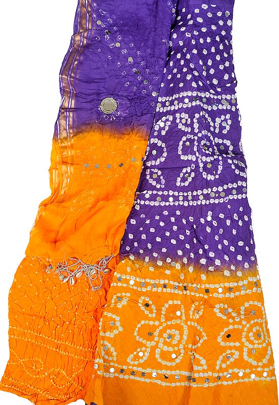 Purple and Radiant-Yellow Bandhani Tie-Dye Lehenga Choli from Jaipur with Large Sequins