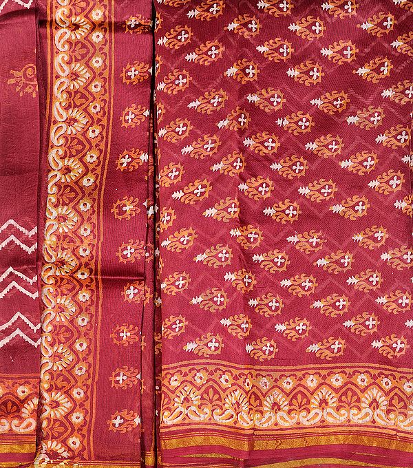 Red-Plum Chanderi Salwar Kameez Fabric with Block-Printed Bootis