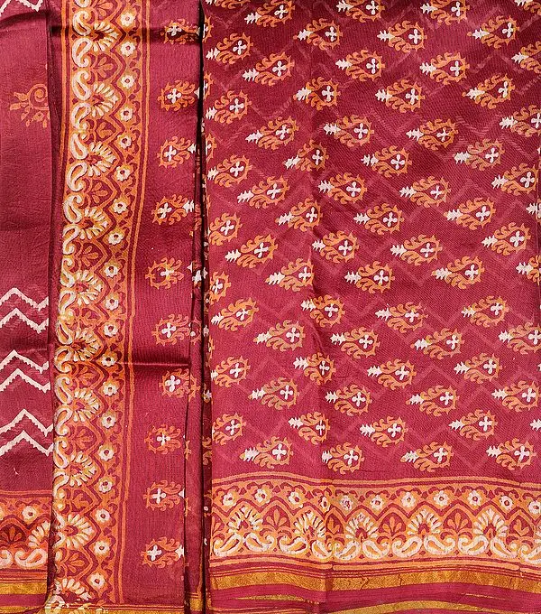 Red-Plum Chanderi Salwar Kameez Fabric with Block-Printed Bootis
