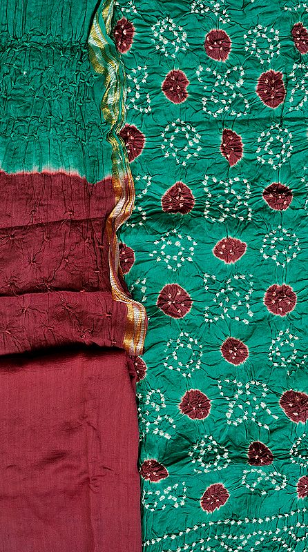 Dynasty-Green and Mauve Bandhani Tie-Dye Salwar Kameez Fabric from Gujarat