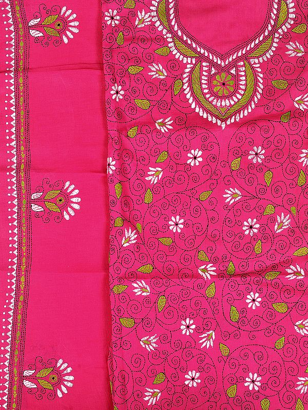 Magenta Salwar Kameez Fabric from Kolkata with Kantha Hand Embroidery