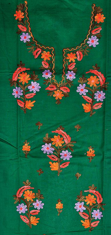 Bosphorus-Green Kashmiri Salwar Kameez Fabric with Aari Hand-Embroidered Flowers