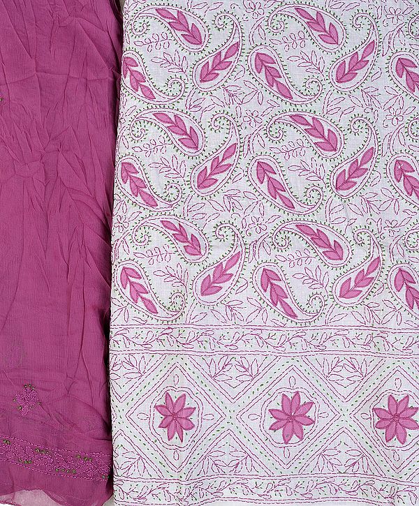 White and Mauve Salwar Kameez Fabric with From Lucknow with Chikan-Embroidered Paisleys by Hand