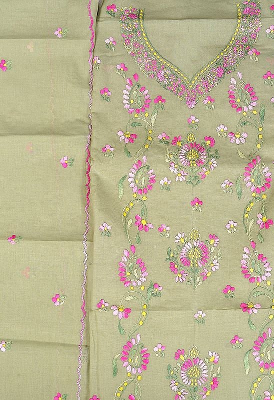 Winter-Pear Salwar Kameez Fabric from Kolkata with Kantha Embroidery by Hand