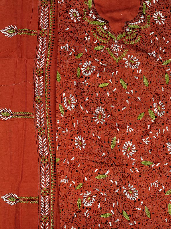 Bombay-Brown Salwar Kameez Fabric from Kolkata with Kantha Embroidery by Hand