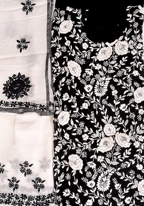 Black and White Salwar Kameez Fabric with Phulkari Embroidered Flowers and Sequins