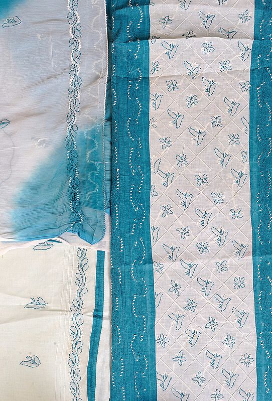 White and Harbor-Blue Lukhnavi Chikan Embroidered Salwar Kameez Fabric