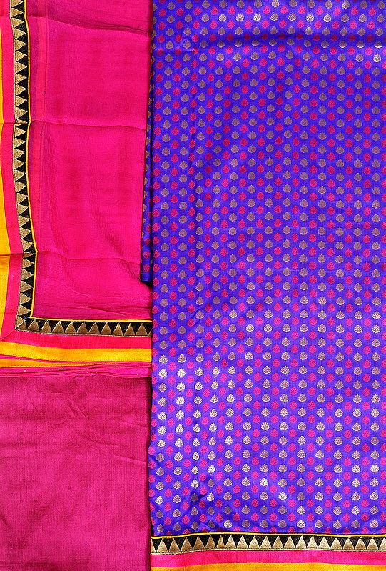 Purple and Pink Banarasi Salwar Kameez Fabric with Woven Bootis and Patch Border