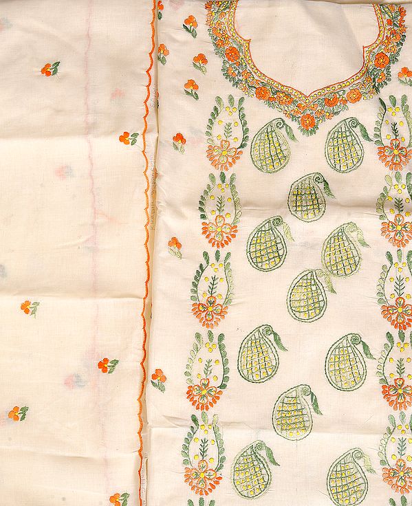 Vanilla-Ice Salwar Kameez Fabric from Kolkata with Kantha Embroidered Paisleys by Hand