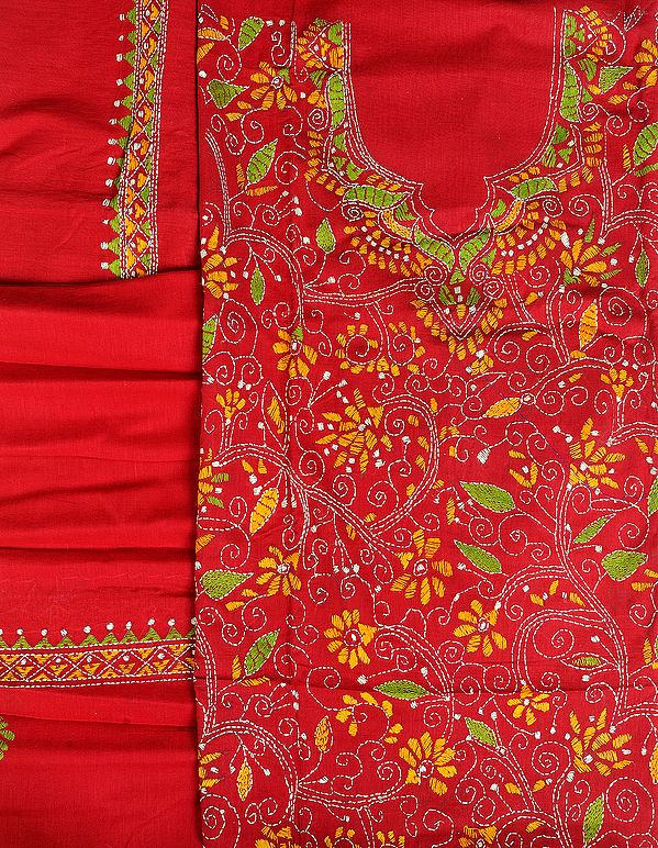 Chili-Pepper Salwar Kameez Fabric from Kolkata with Kantha Stitched Embroidery