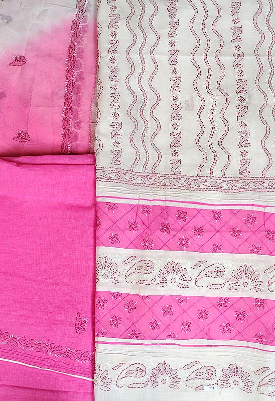 White and Pink Embroidered Lukhnavi Chikan Salwar Kameez Fabric