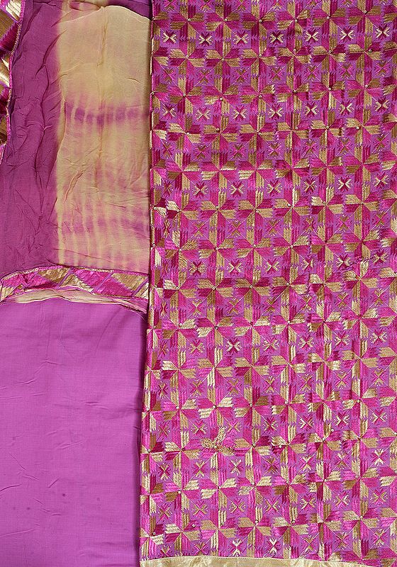 Iris-Orchid Salwar Kameez Fabric from Punjab with Phulkari Embroidery