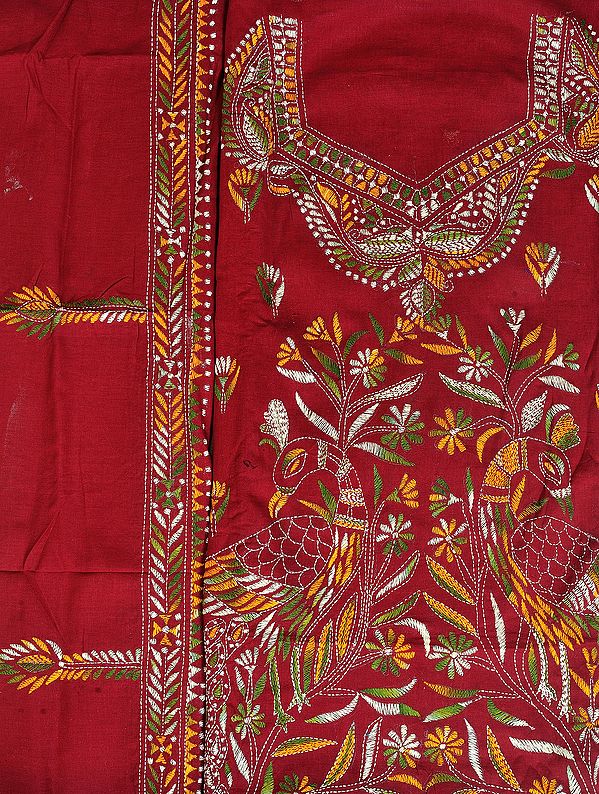 Tibetan-Red Salwar Kameez Fabric from Kolkata with Kantha Hand-Embroidered Peacock Pair