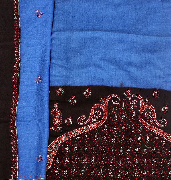 Blue and Black Salwar Kameez Fabric from Kashmir with Sozni Embroidery by Hand