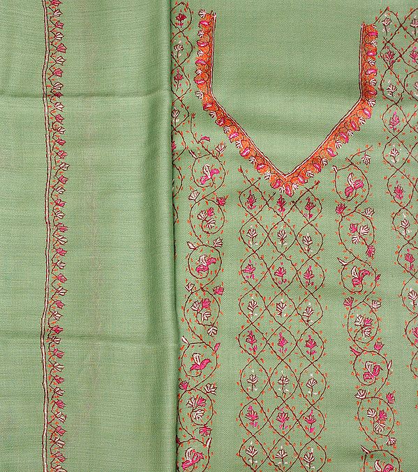 Fair-Green Sozni Hand-Embroidered Salwar Kameez Fabric from Kashmir