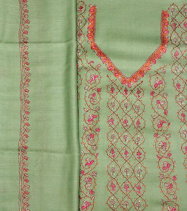 Fair-Green Sozni Hand-Embroidered Salwar Kameez Fabric from Kashmir