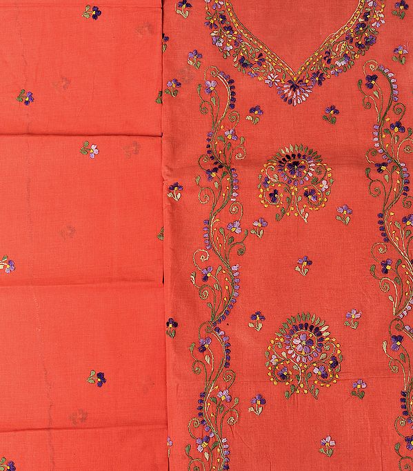 Spiced-Coral Salwar Kameez Fabric from Kolkata with Kantha Embroidery by Hand