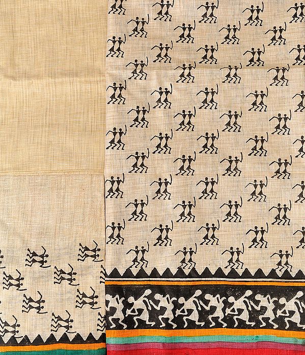 Antique-White Khadi Salwar Kameez Fabric from Jharkhand with Warli Folk Print
