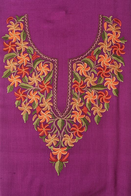 Dahlia-Colored Two-Piece Salwar Kameez Fabric from Kashmir with Aari Hand-Embroidered Flowers on Neck