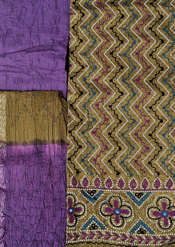 Ecru-Olive and Purple Salwar Kameez Fabric from Gujarat with Aari Embroidery