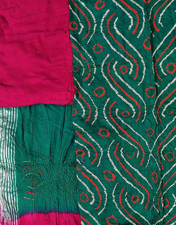 Green and Persian-Red Bandhani Tie-Dye Salwar Kameez Fabric from Gujarat